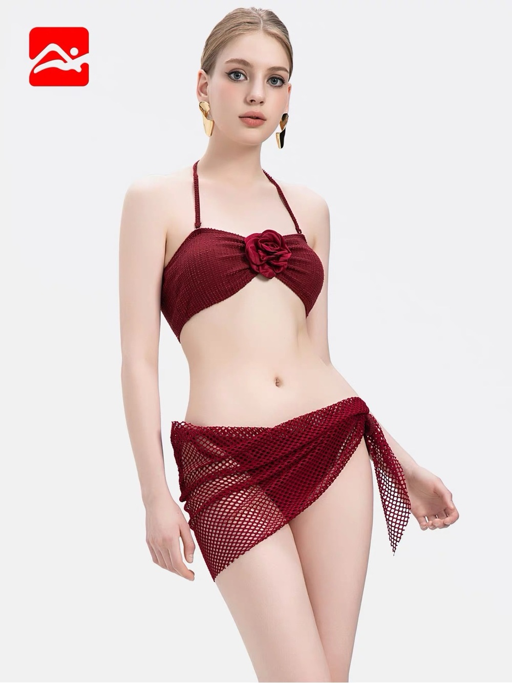 NWT Women’s Burgundy Halter Bikini Set with Rose Accent